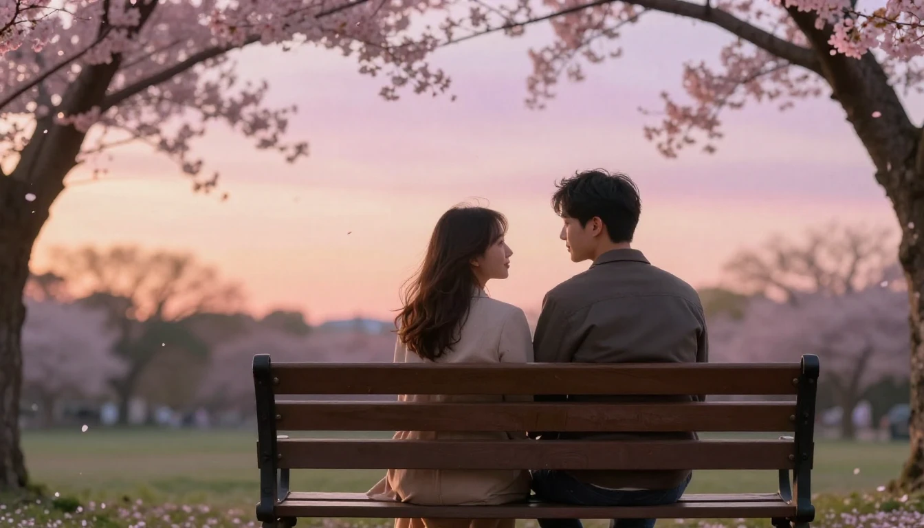 A romantic scene featuring a couple sitting on a wooden benc...