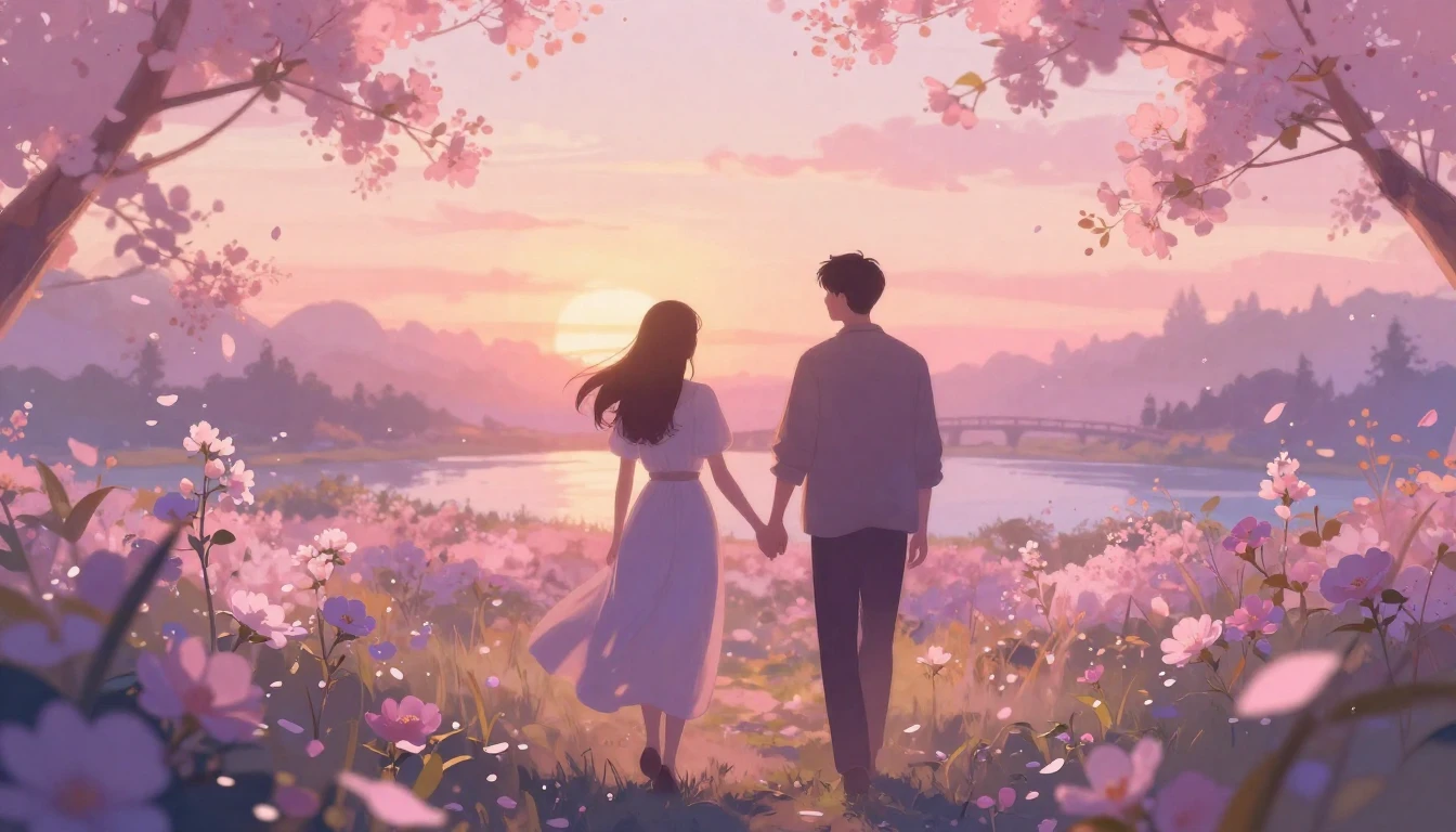 A soft and ethereal scene depicting two silhouettes walking ...