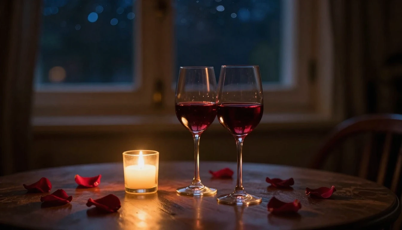 A cozy, dimly lit room during a quiet evening. On a wooden t...