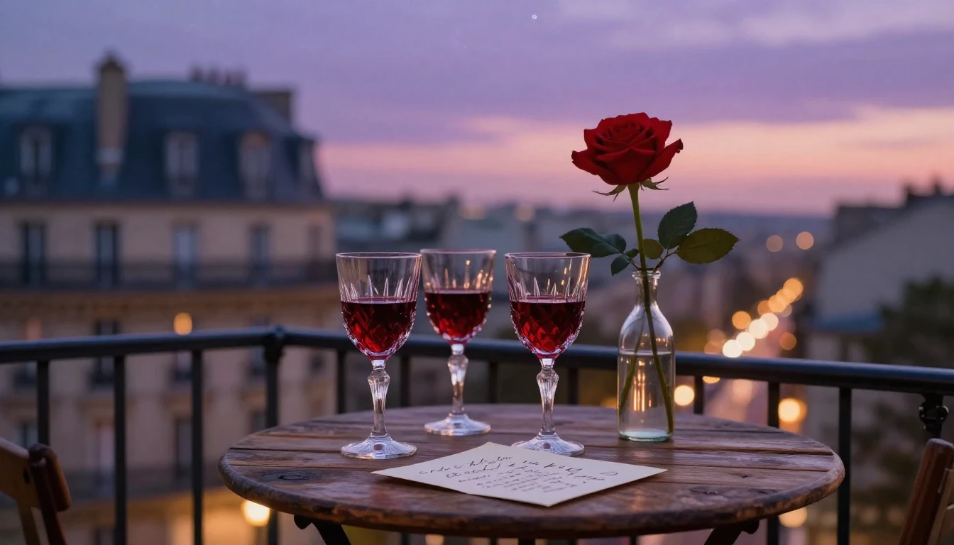 A highly romantic and intimate scene set on a small balcony ...