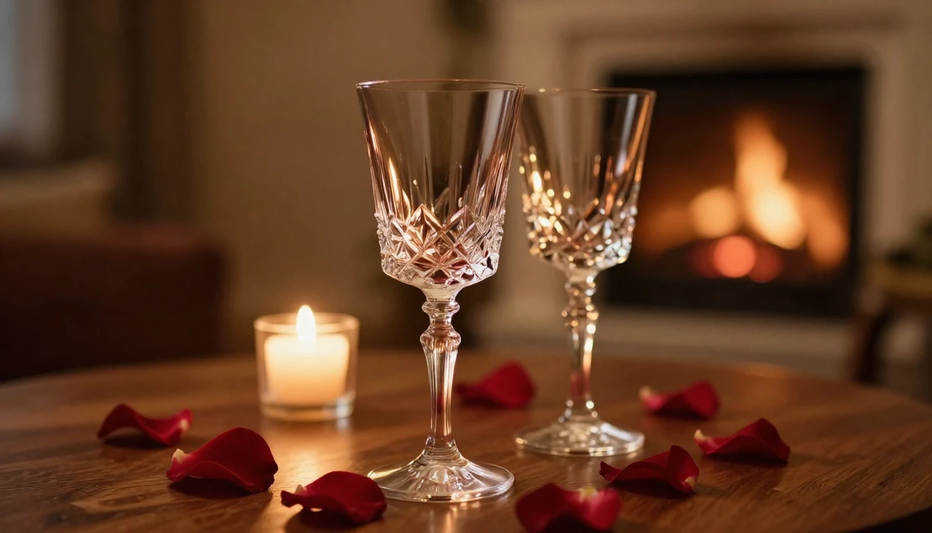 A close-up cinematic shot of two elegant crystal glasses on ...