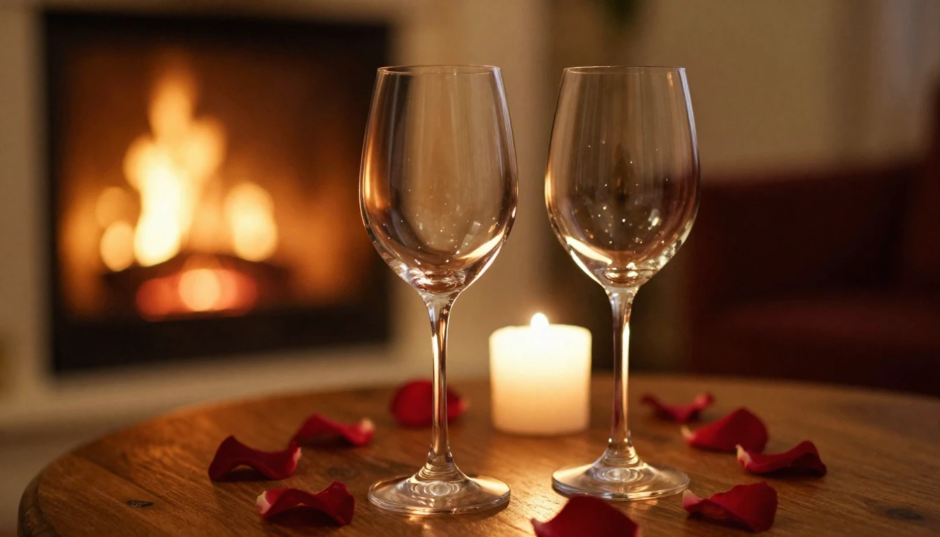 A close-up shot of two elegant wine glasses on a candlelit w...