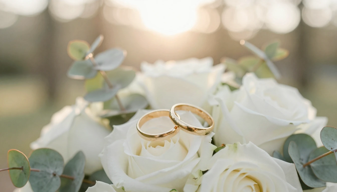 Close-up of two golden wedding rings intertwined on a soft b...