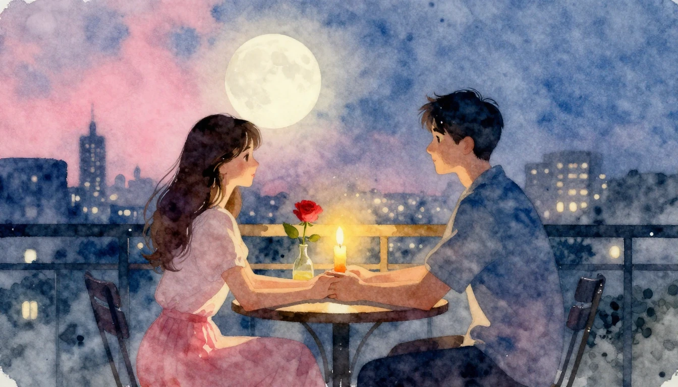 A romantic watercolor painting of a couple holding hands acr...