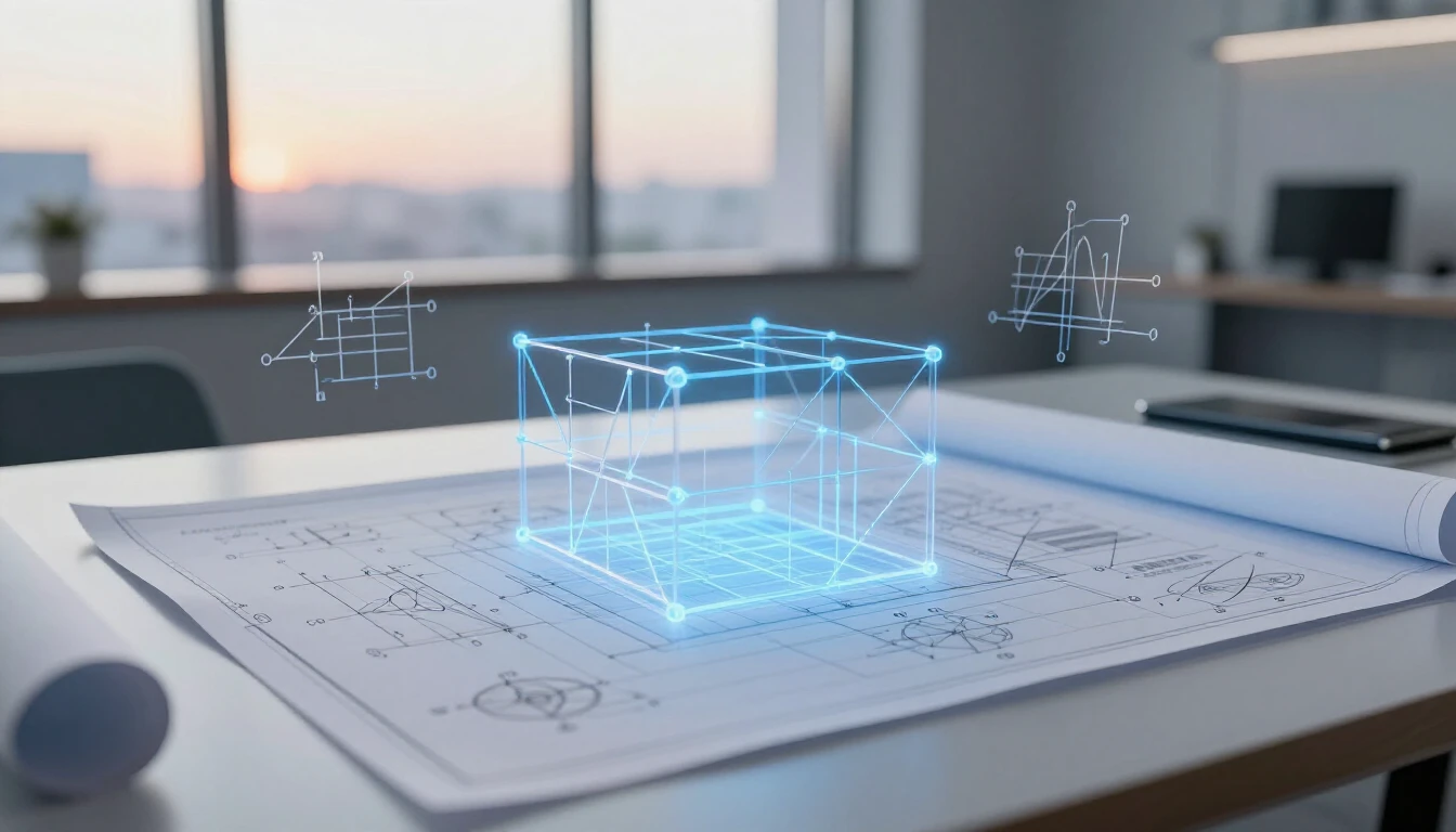 A high-angle view of a clean, modern workspace. A translucen...