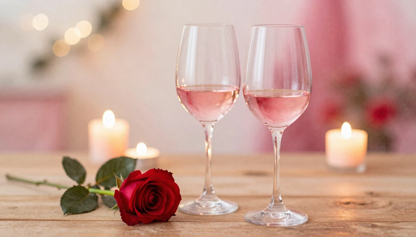 A serene and romantic scene featuring two elegant wine glass...