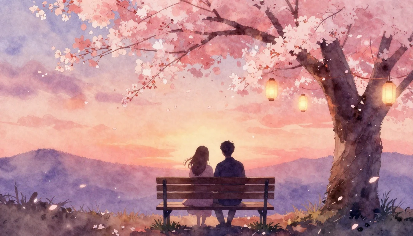 A soft watercolor painting of two silhouettes sitting closel...