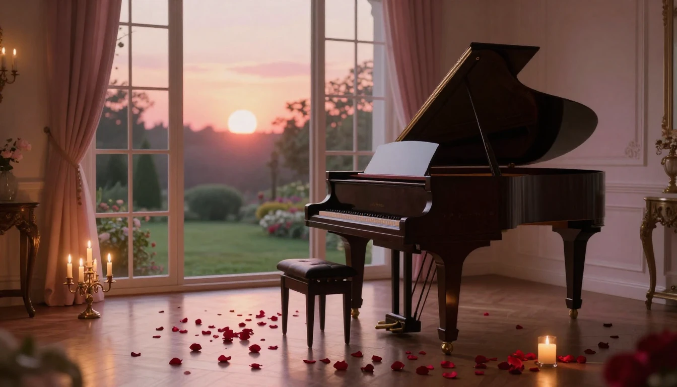 A breathtaking scene of a quiet, elegant room at dusk. A gra...