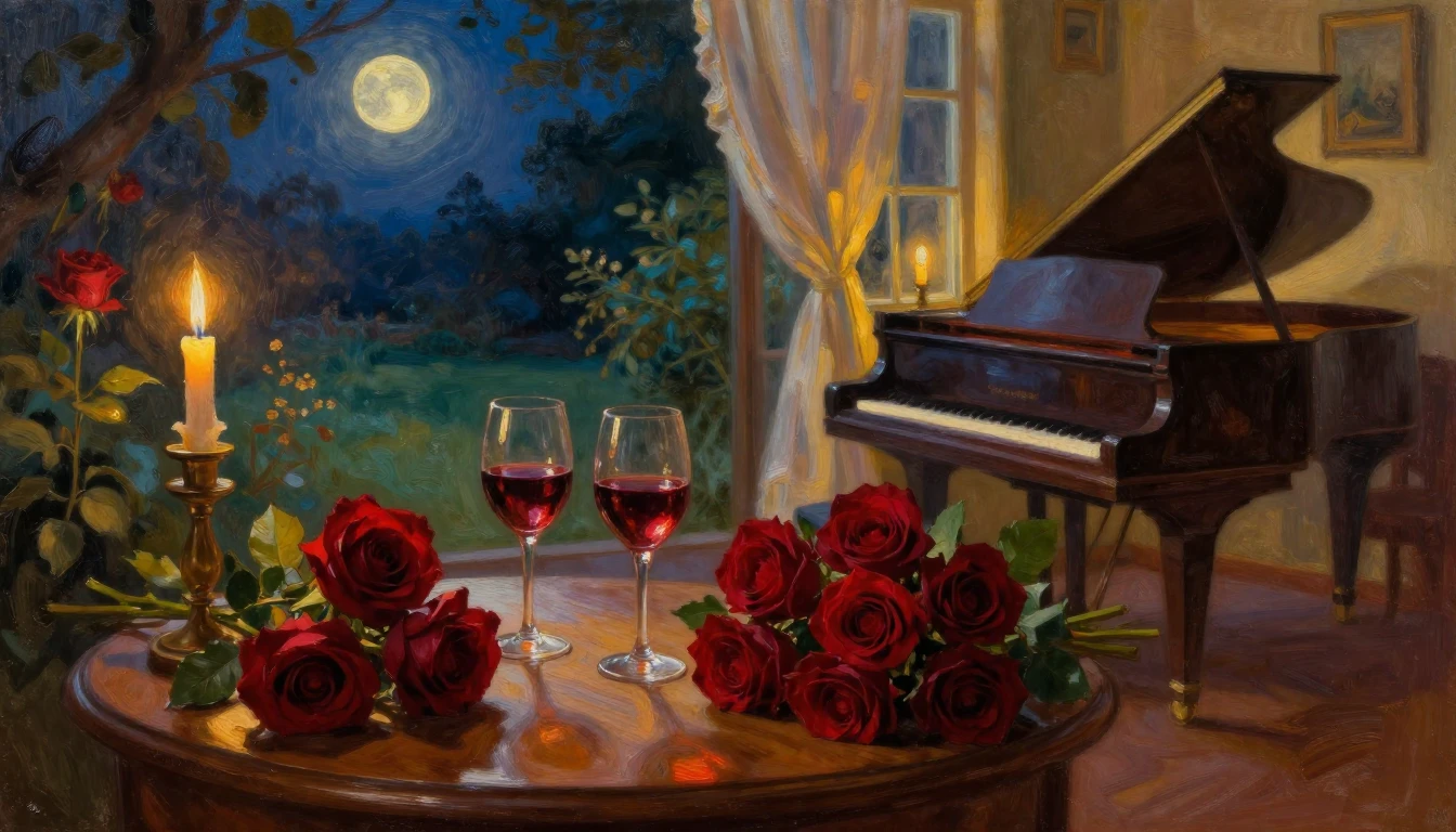 A lush oil painting of a cozy, candlelit room overlooking a ...