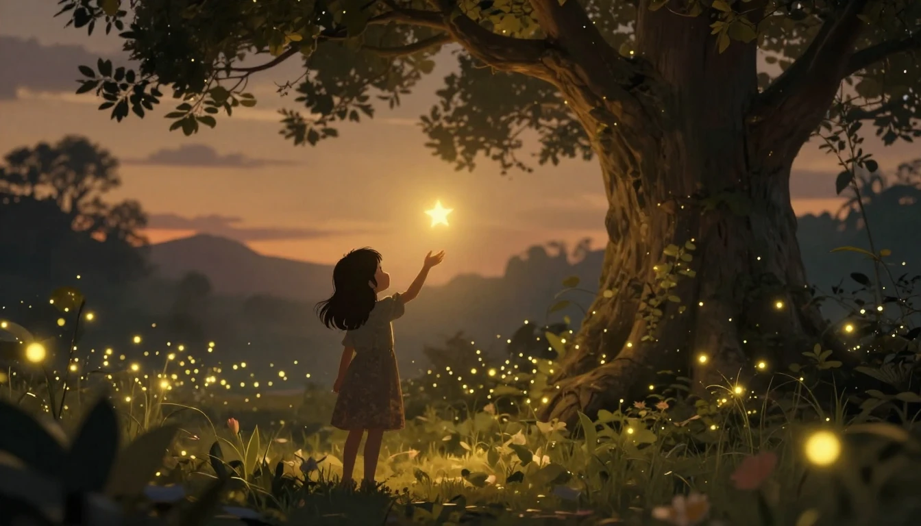 A touching and magical scene of a small girl silhouette reac...