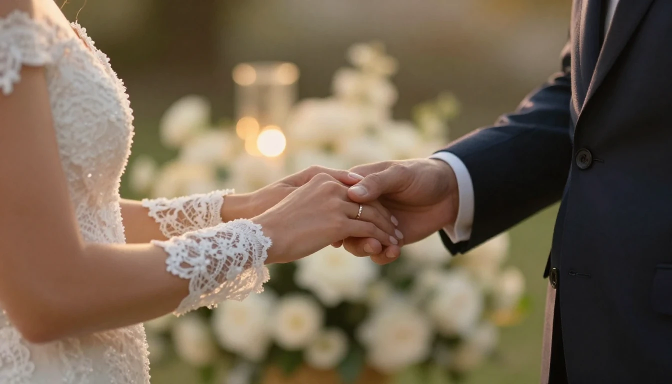 A cinematic close-up shot of a bride and groom holding hands...