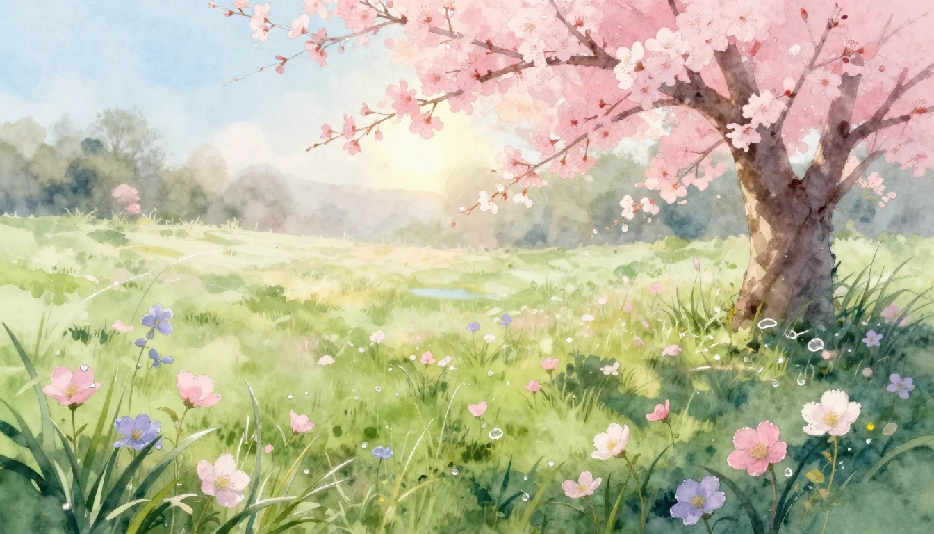 A beautiful watercolor painting of a lush spring meadow at d...