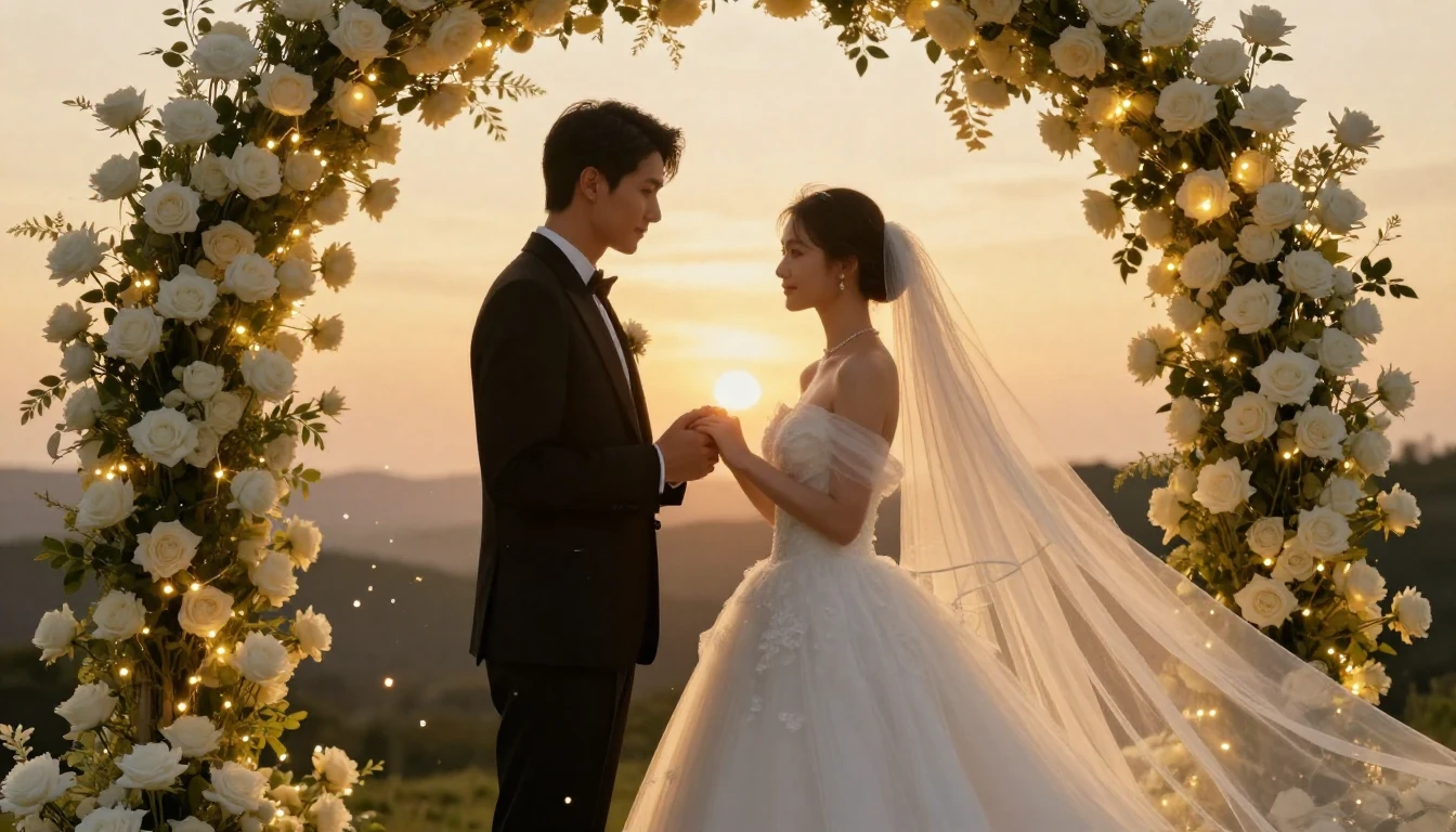 A romantic and elegant scene of a bride and groom standing t...