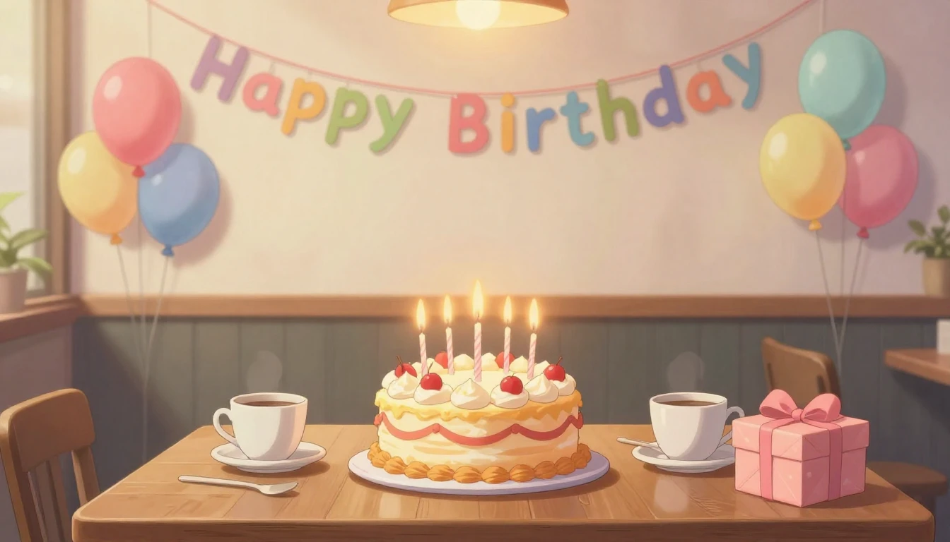 A heartwarming birthday celebration scene in a cozy cafe, an...