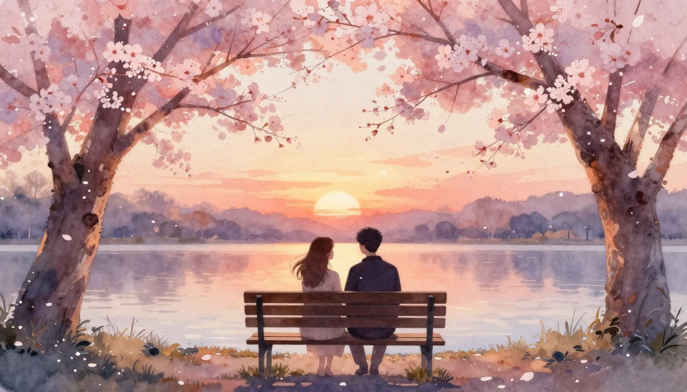 A dreamy watercolor painting of two silhouettes sitting clos...