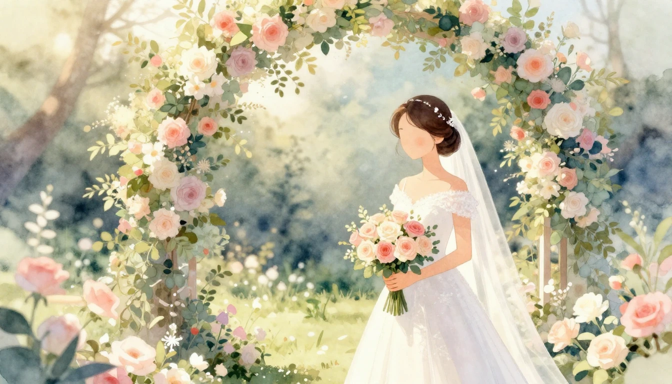 A soft and dreamy watercolor illustration of a wedding cerem...