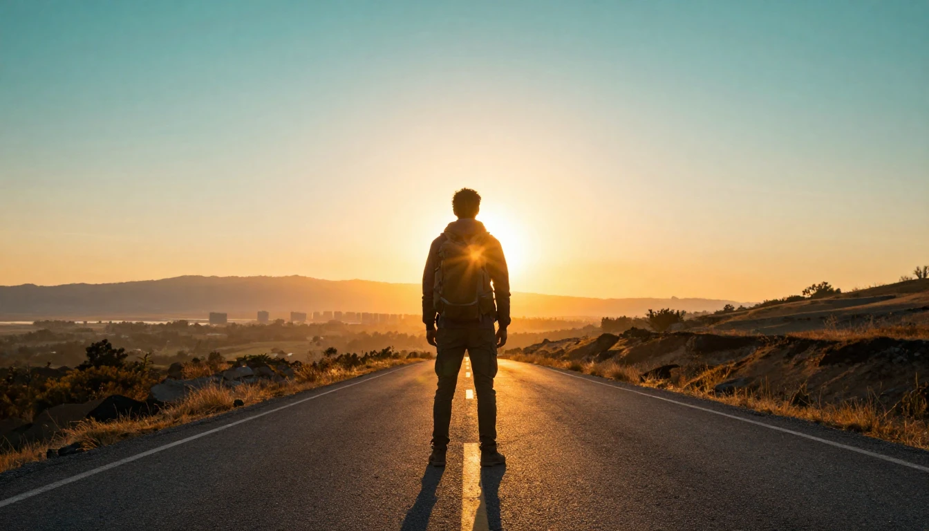 A cinematic wide shot of a traveler standing on an open asph...
