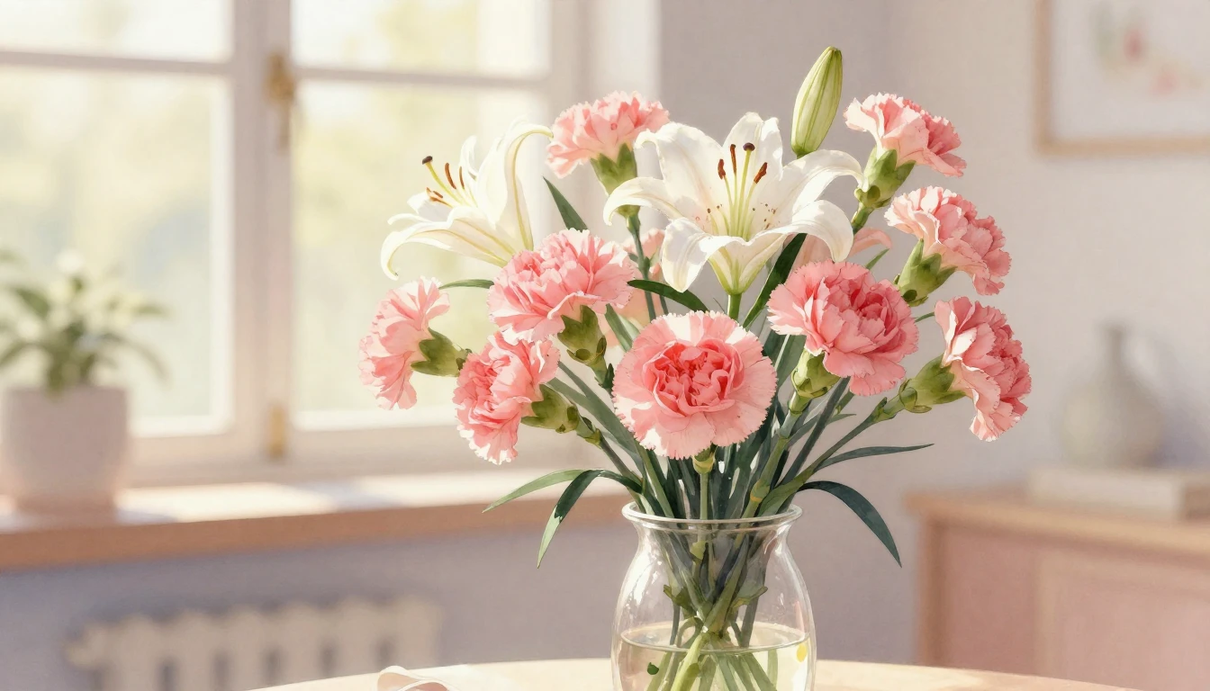 A delicate watercolor painting of a blooming bouquet of pink...