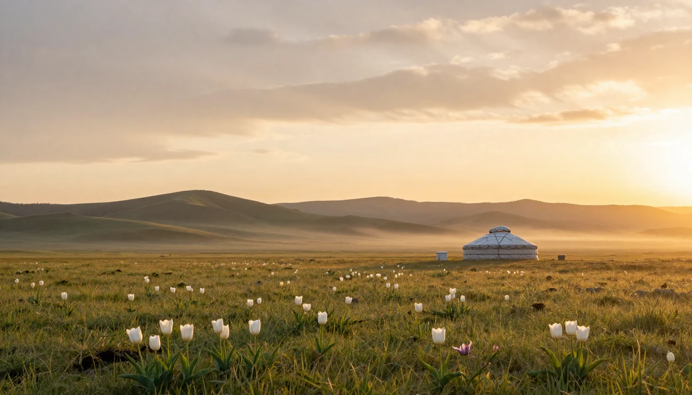 A beautiful landscape at sunrise over the Kazakh steppe, fea...