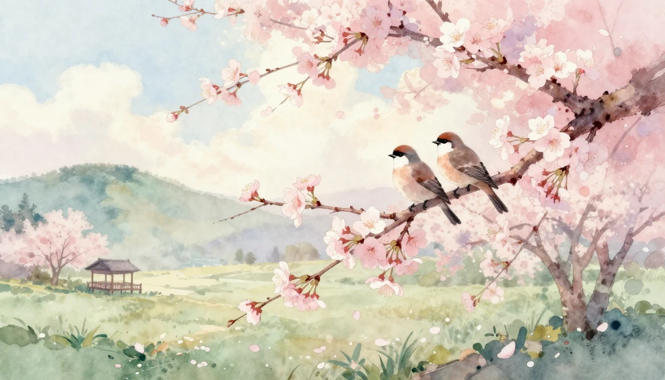A delicate watercolor painting of a serene landscape in earl...