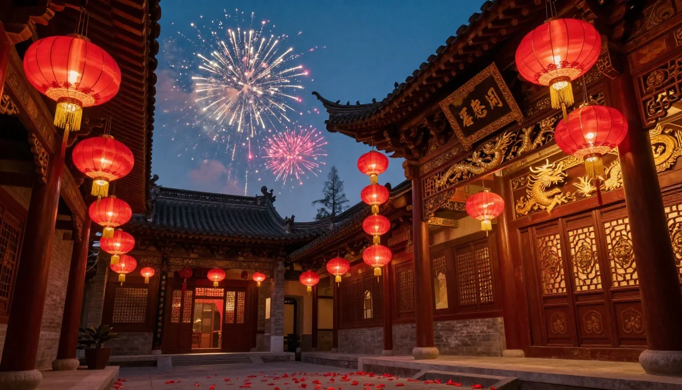 A breathtaking scene of a traditional Chinese courtyard deco...