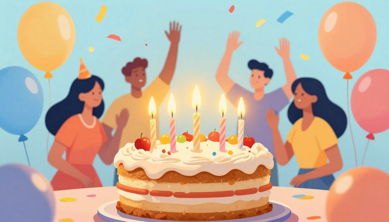 A vibrant and festive illustration celebrating a birthday. T...