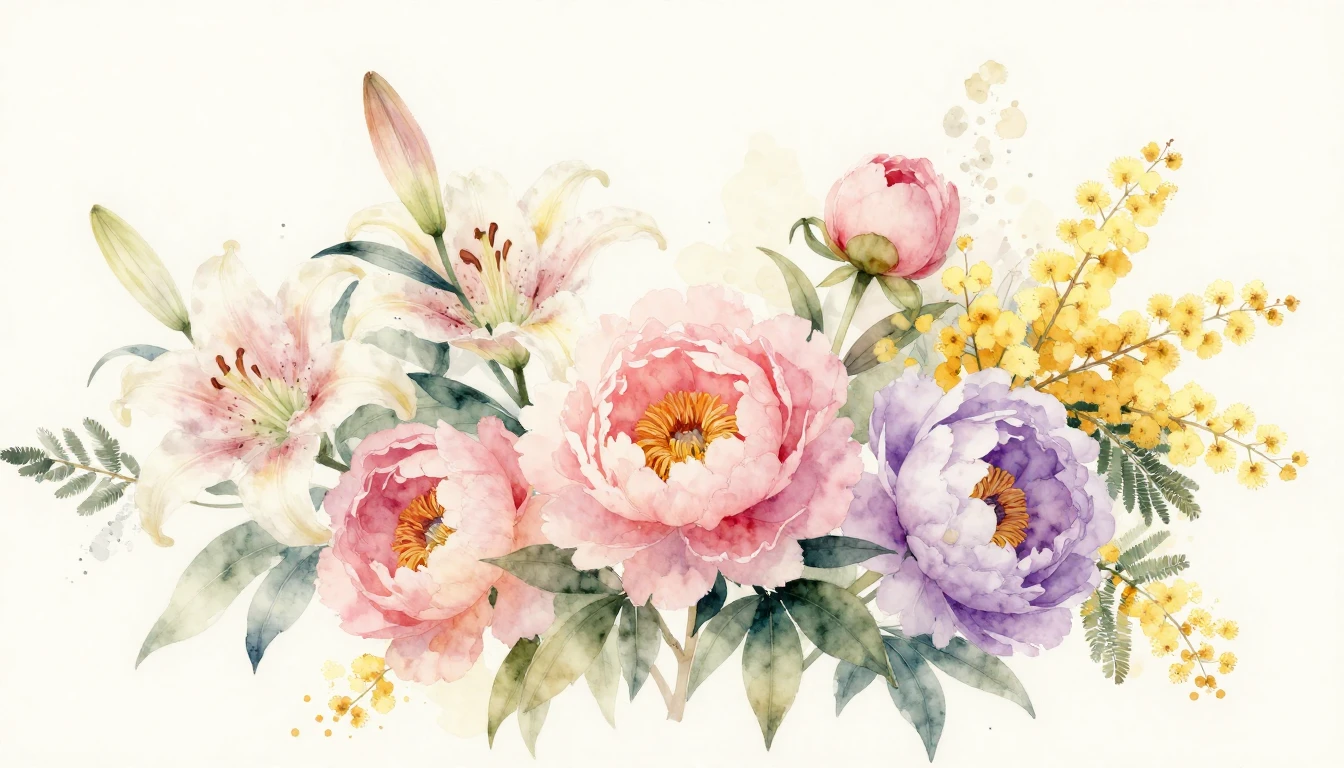 A beautiful watercolor painting featuring a variety of bloom...