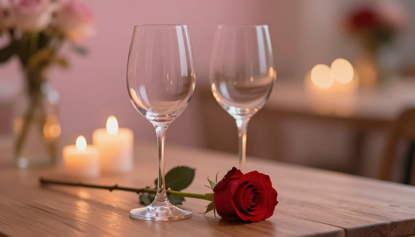 A delicate scene featuring two elegant wine glasses sitting ...
