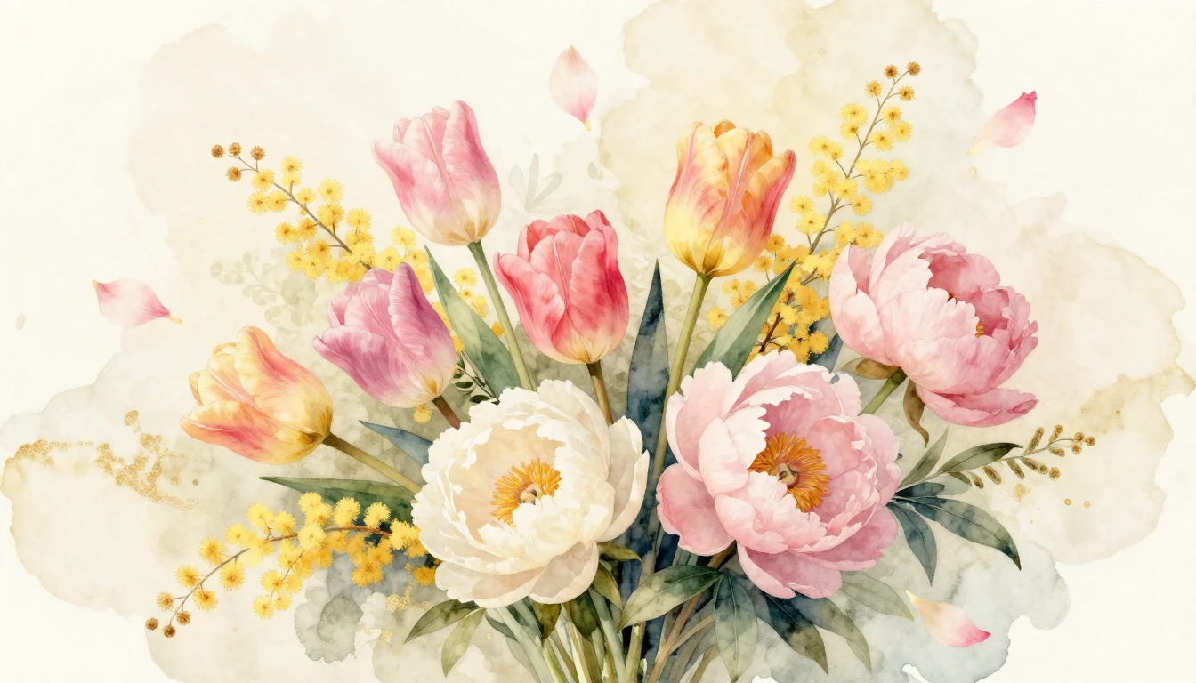 A beautiful watercolor painting of a lush bouquet of spring ...