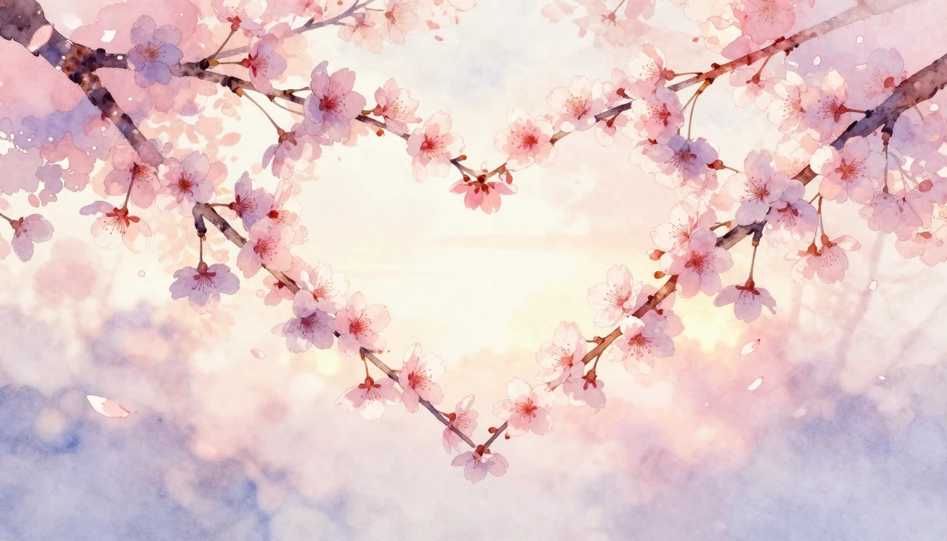 A delicate watercolor painting of two intertwined cherry blo...