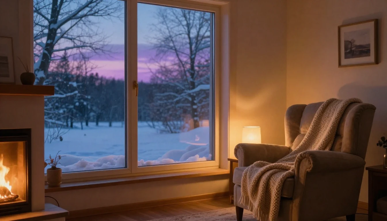 A cozy interior scene during a winter twilight. A large wind...