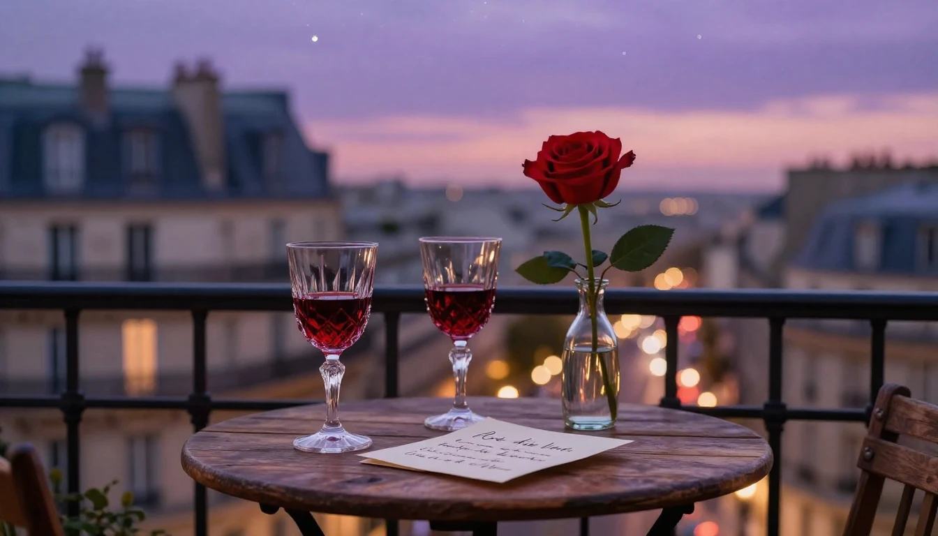 A highly romantic and intimate scene set on a small balcony ...