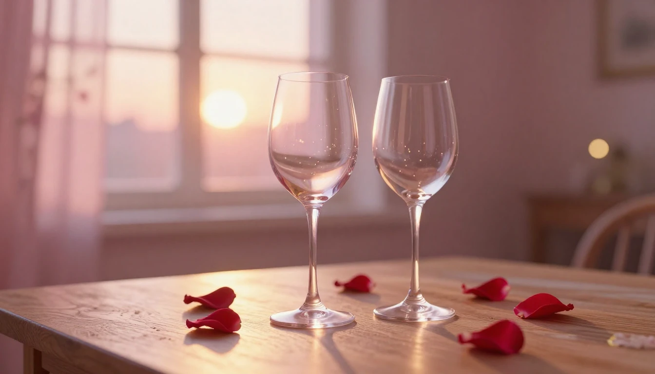 A soft and dreamy scene featuring two elegant wine glasses o...