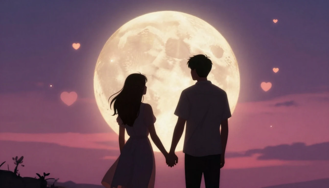 A romantic and dreamy illustration of a couple holding hands...