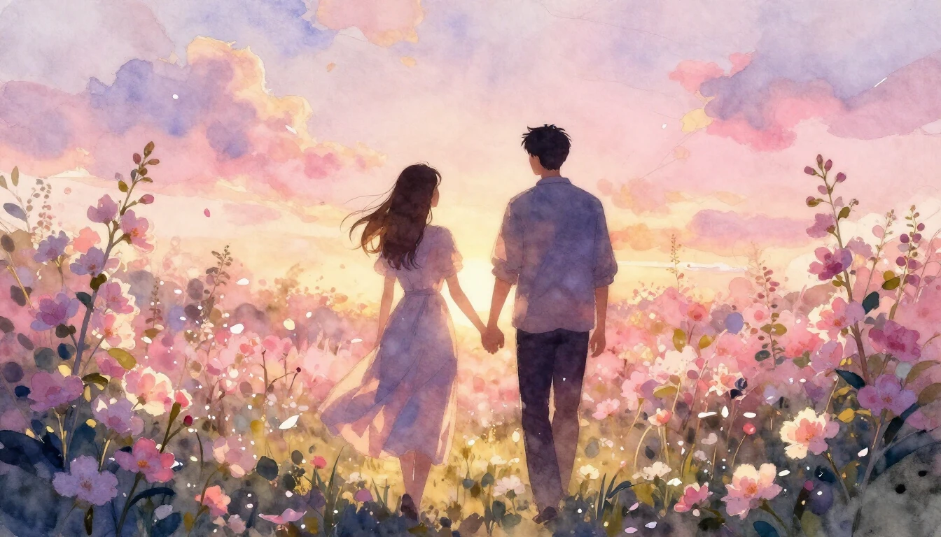 A beautiful watercolor painting of two silhouettes walking h...