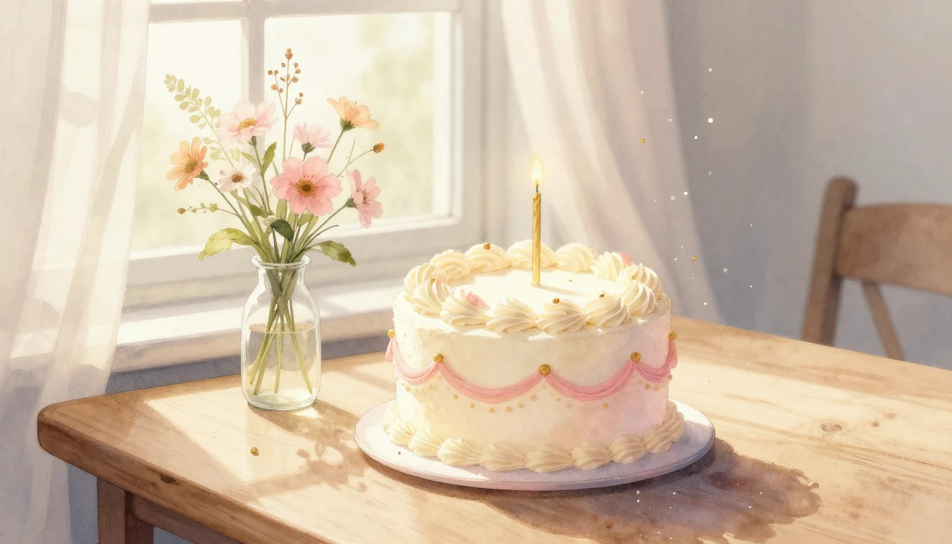 A beautiful watercolor painting of a small, elegant birthday...