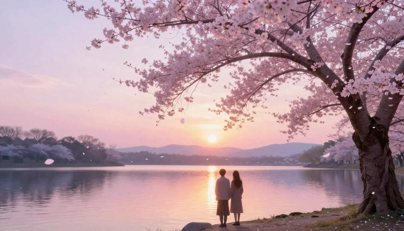 A dreamy and ethereal scene of two silhouettes standing unde...