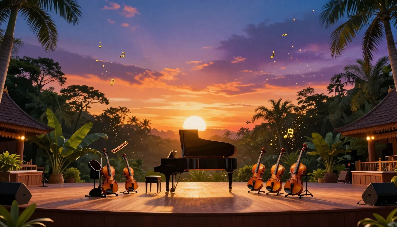 A wide-angle cinematic shot of a grand open-air stage at sun...