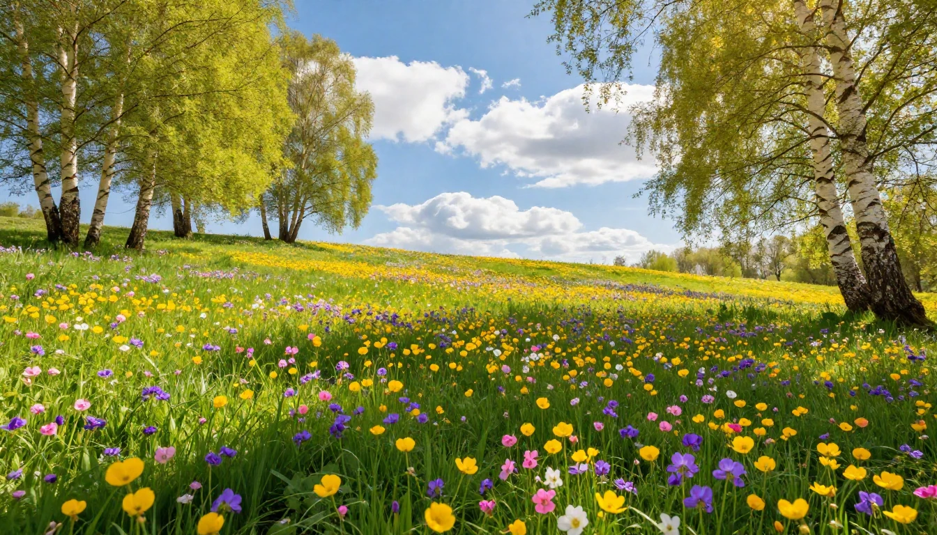 A breathtaking spring landscape bursting with life, vibrant ...