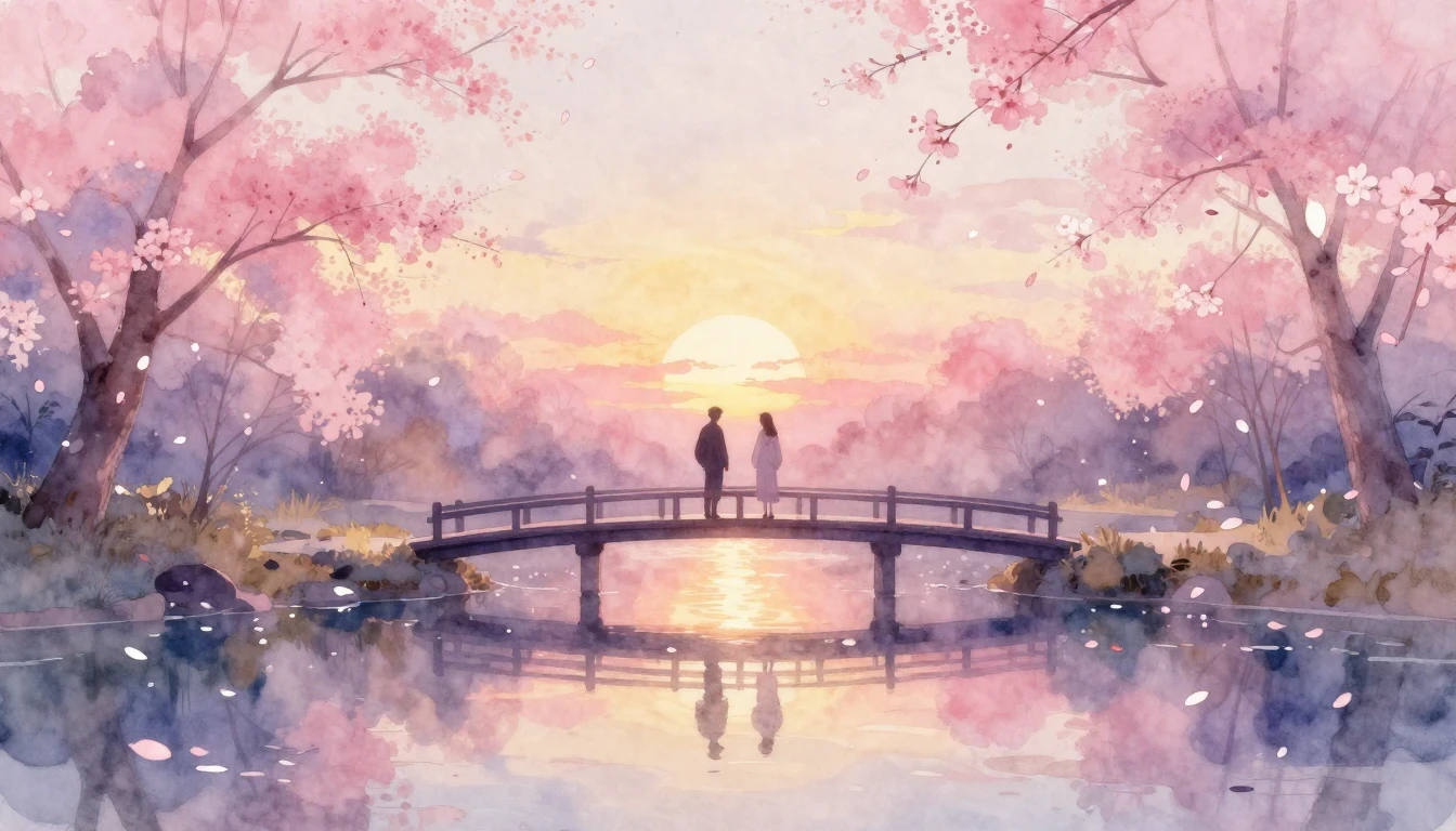 A dreamy and ethereal watercolor painting of two silhouettes...