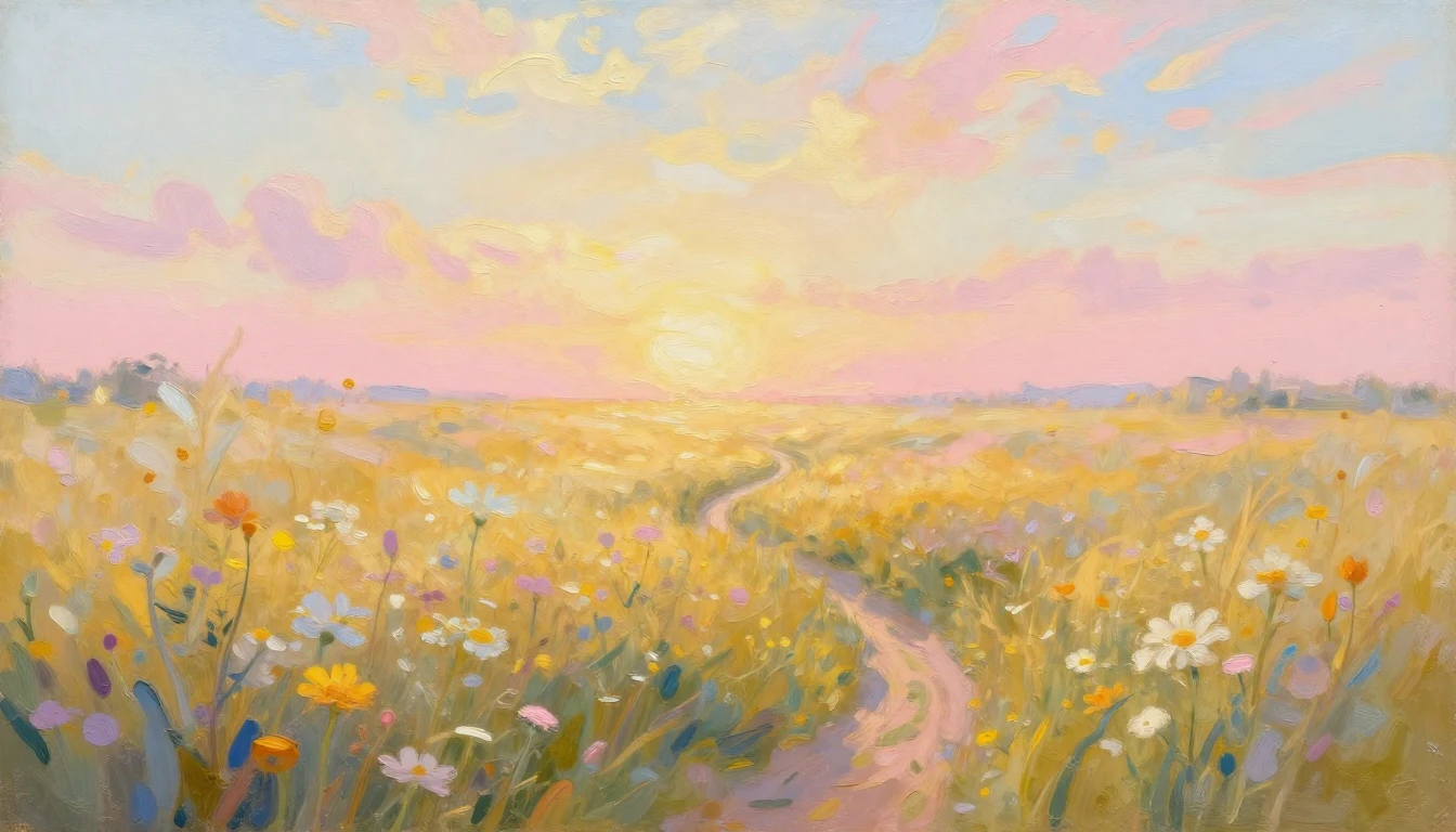 An impressionist painting of a vast, sun-drenched meadow at ...