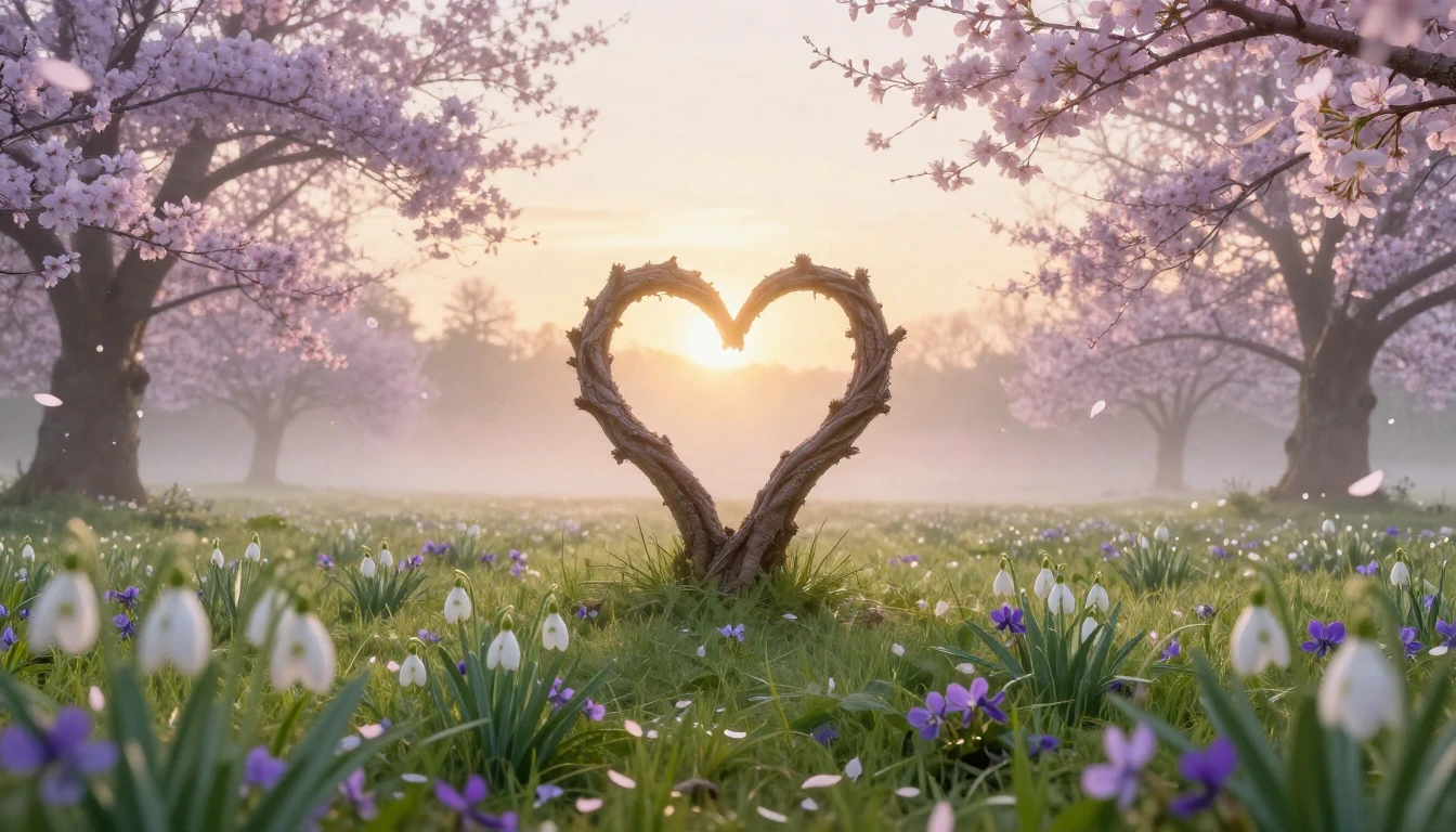 A breathtaking landscape of a blooming meadow at dawn during...
