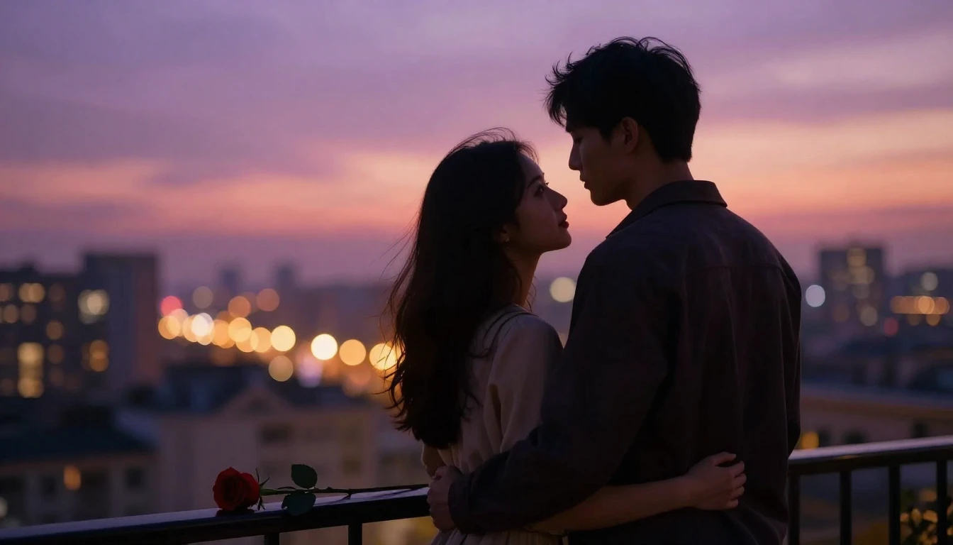 A romantic and atmospheric scene featuring a couple standing...