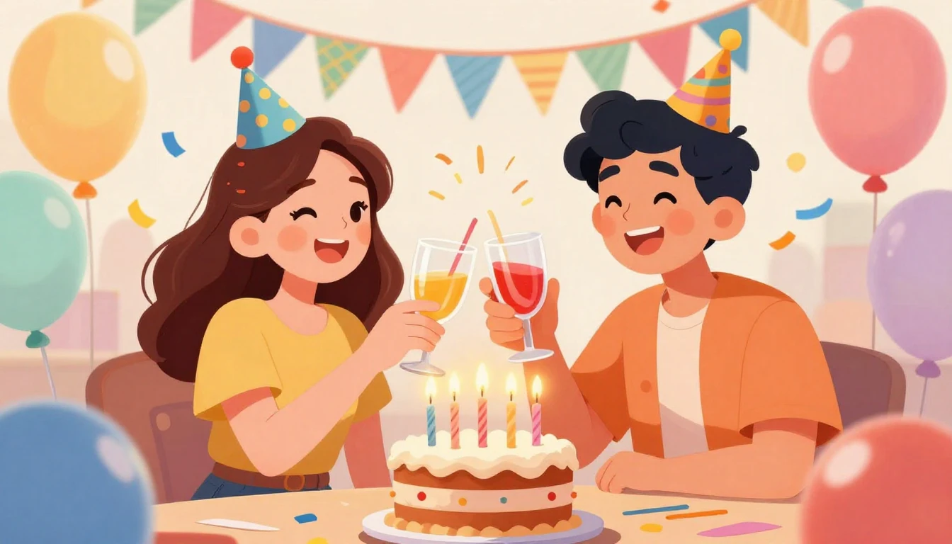 A vibrant and cheerful digital illustration of a birthday ce...
