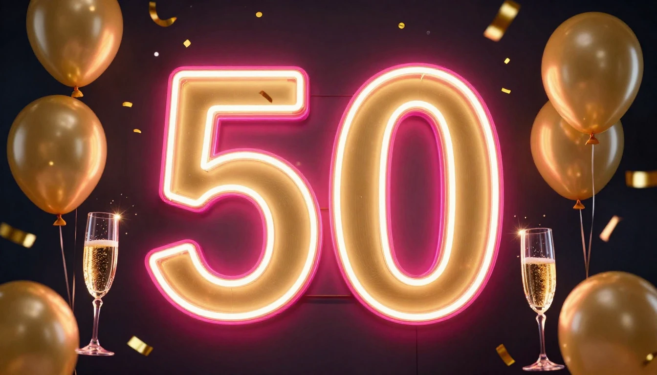 A vibrant and elegant birthday celebration scene for a 50th ...