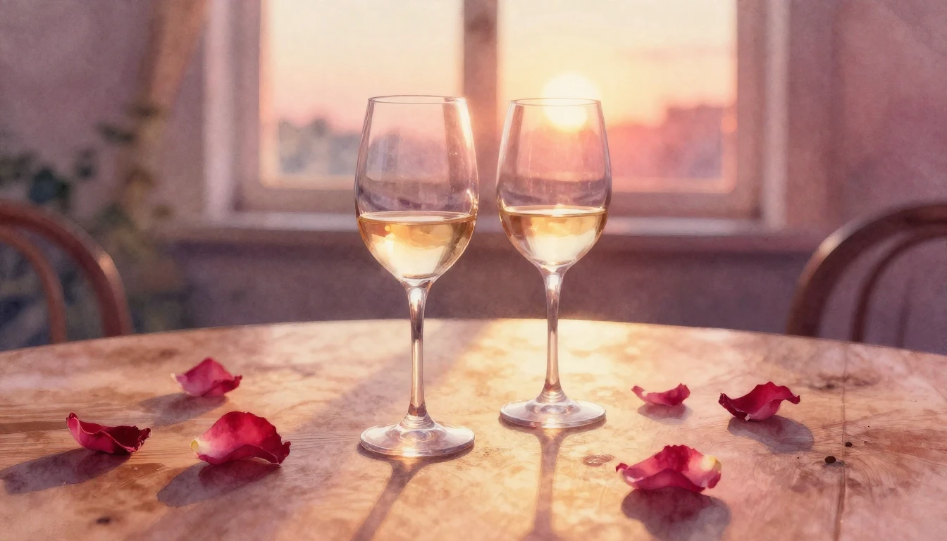 A soft watercolor painting of two elegant wine glasses on a ...