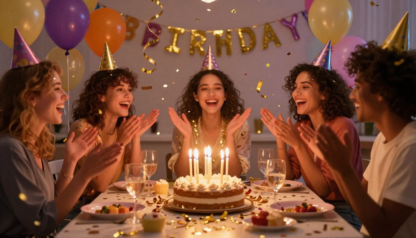 A vibrant and festive birthday celebration scene featuring a...