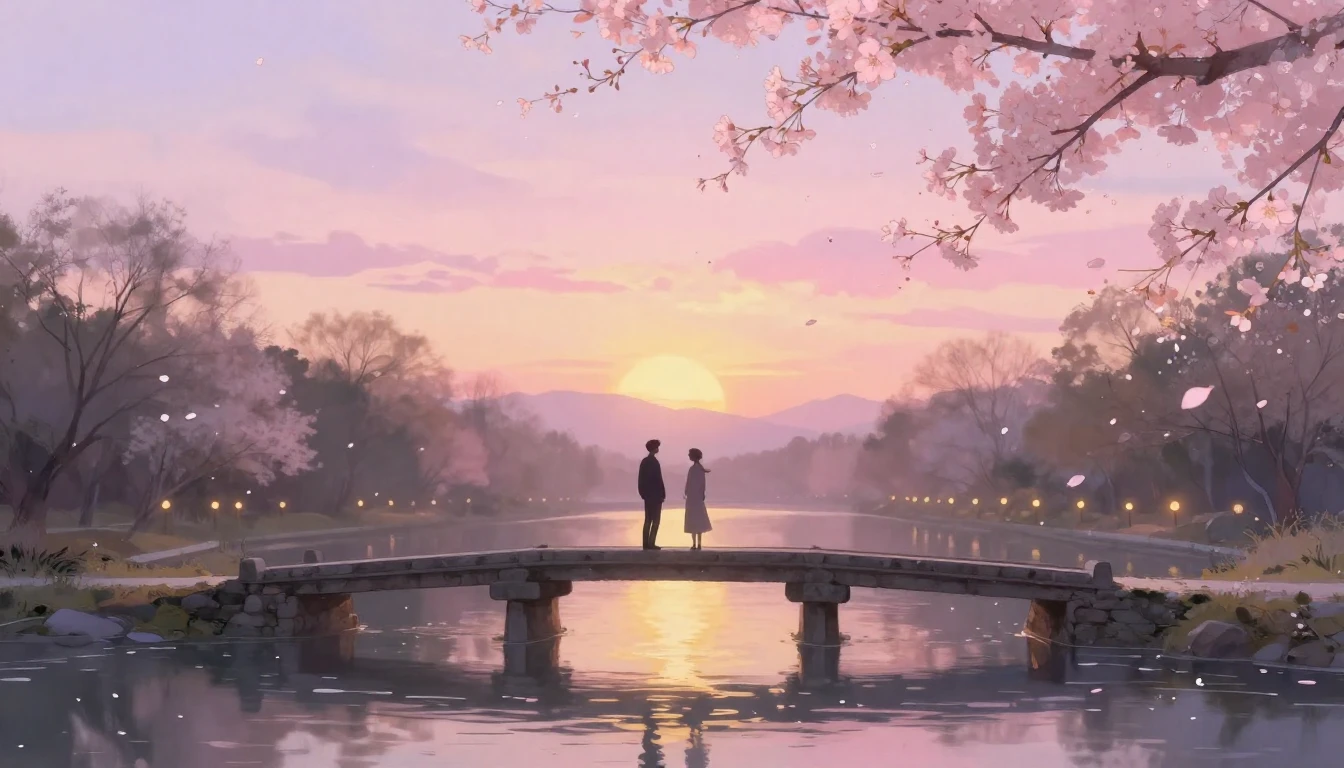 A dreamy and ethereal scene of two silhouettes standing on a...