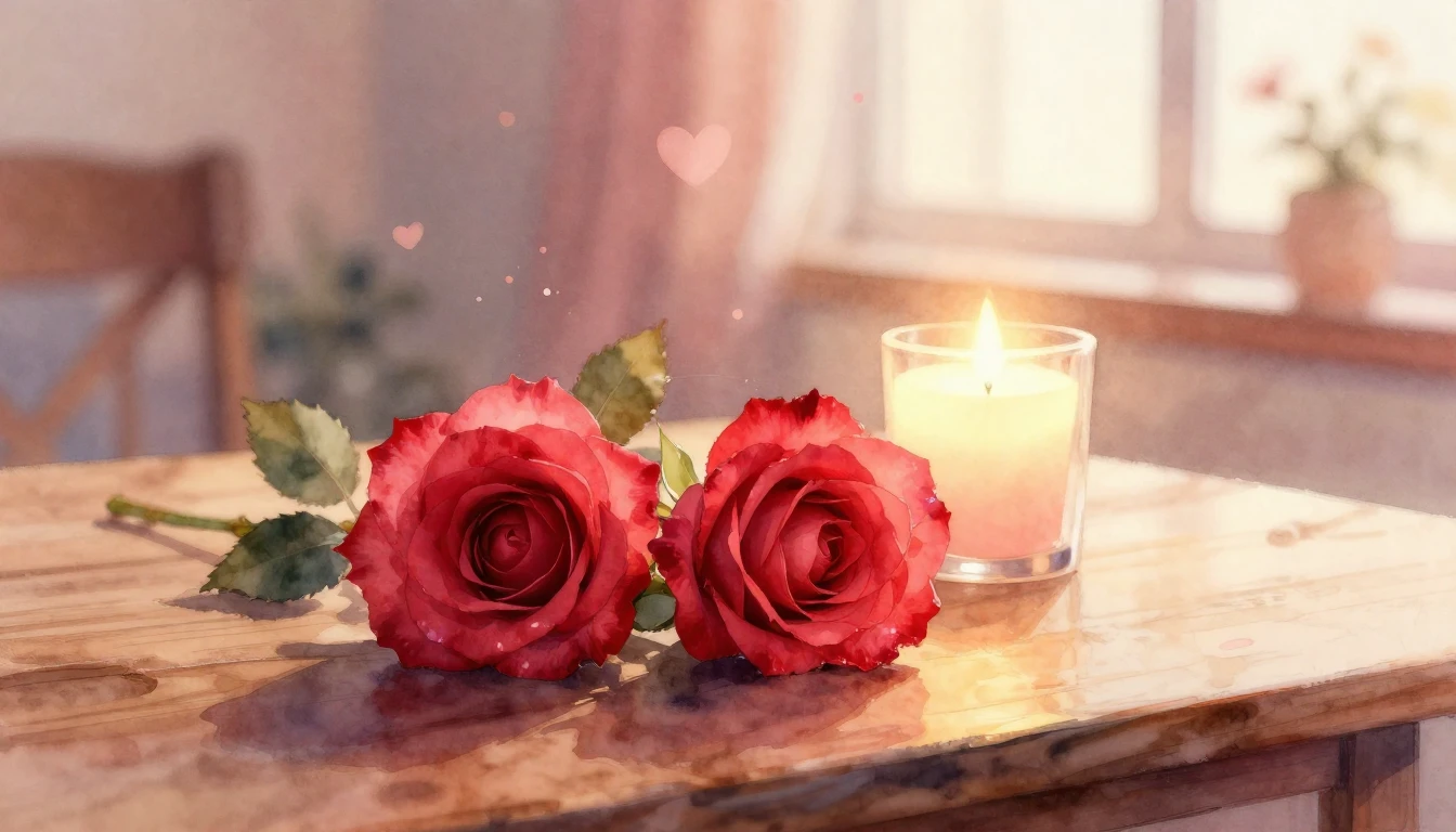 A beautiful watercolor painting of two delicate red roses re...