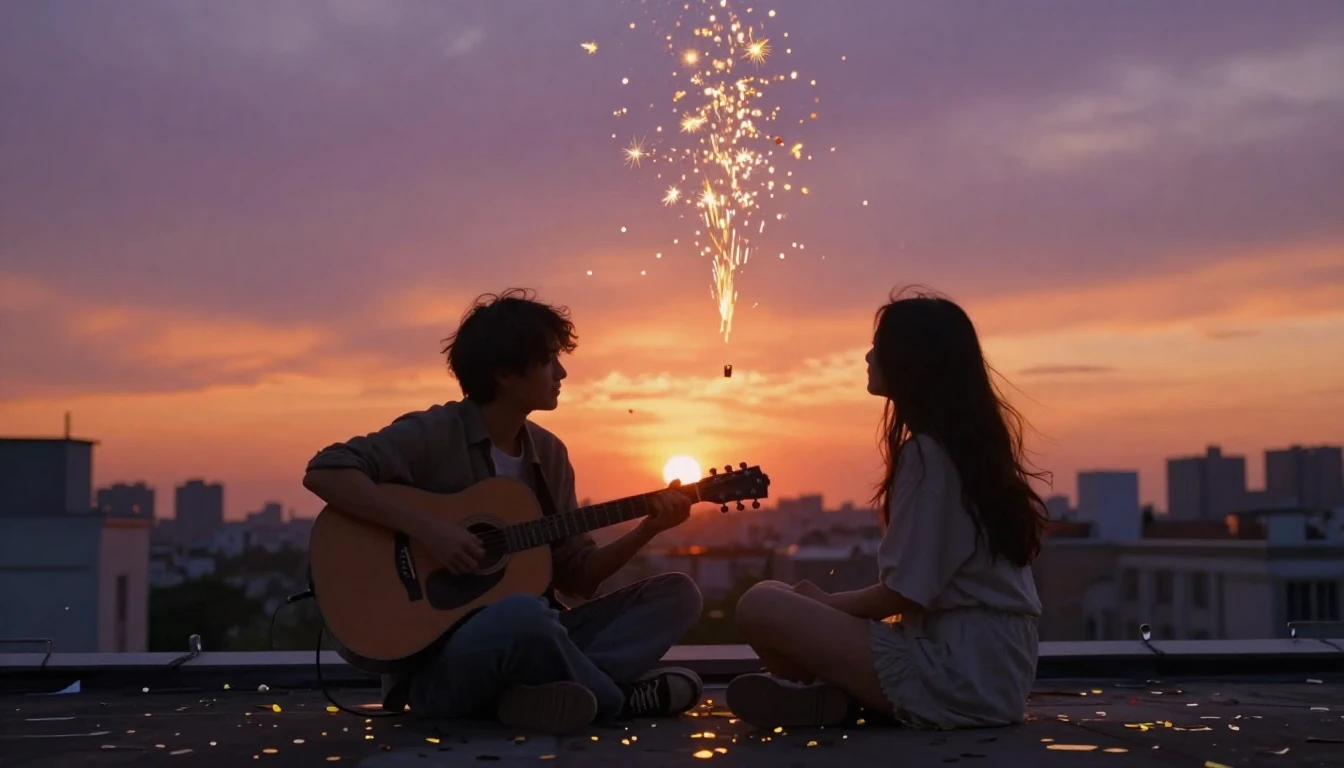A warm and nostalgic scene showing two friends sitting on a ...